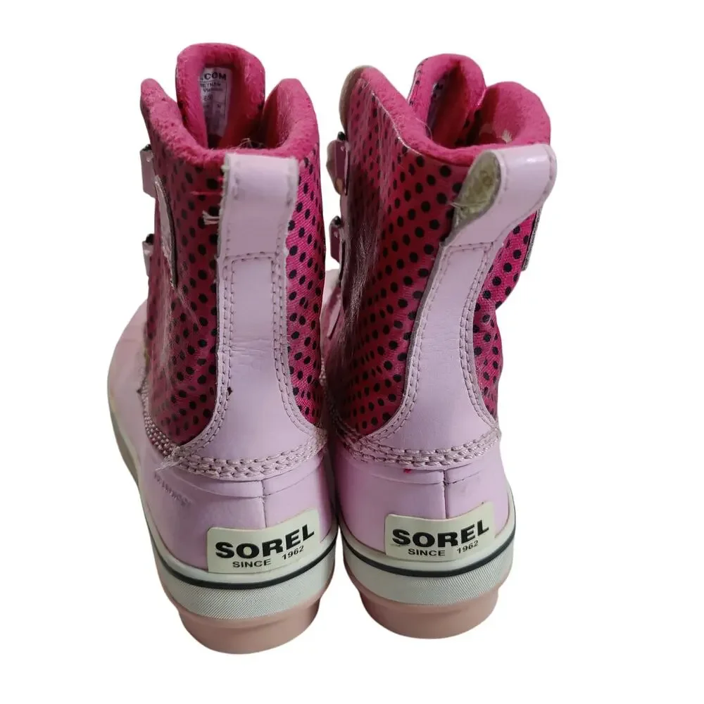 Sorel Girls Sz 4 Pink Polka Dot Duck Boots Lace Up Waterproof Fleece Lined